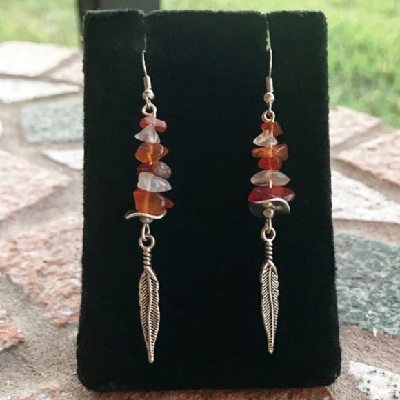 carnelian & quartz feather dangly earrings stainless steel posts - Picture 3 of 7